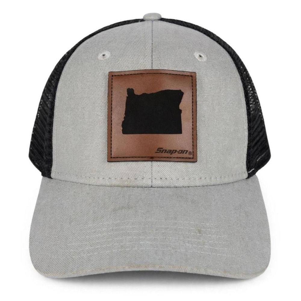 Snap-on Tools Oregon Leather Patch Trucker Hat Snapback Grey Black Mesh Cap